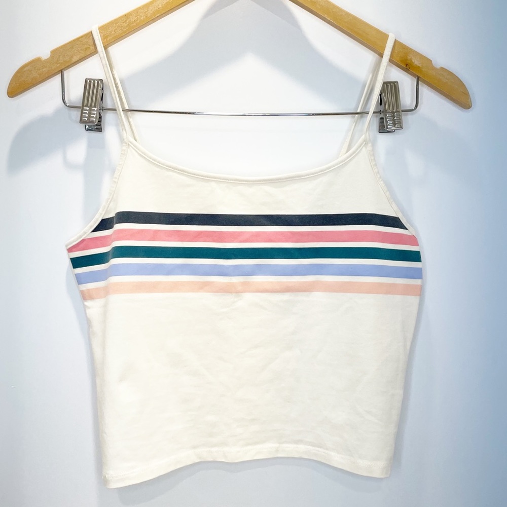 American Eagle Cream Rainbow Thin Horiztonal Stripe Cropped Tank Top